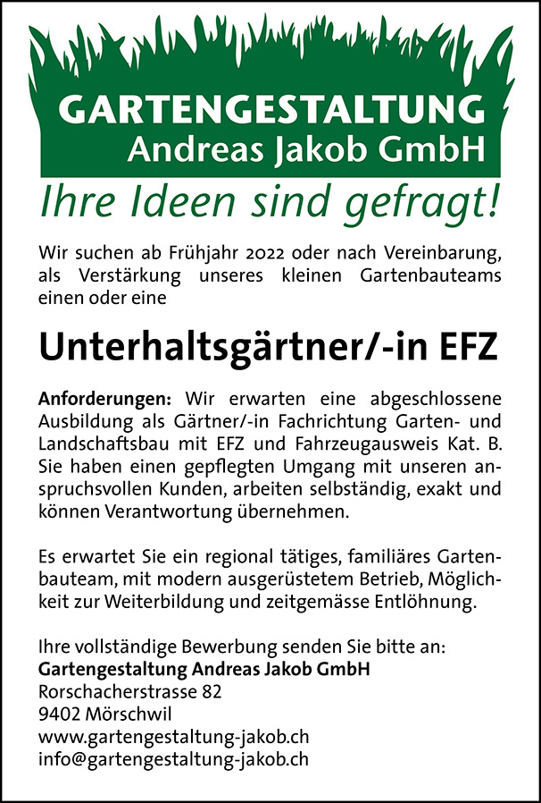 Inserat Jobs Gärtner/in Polier und Gärtner/in EFZ