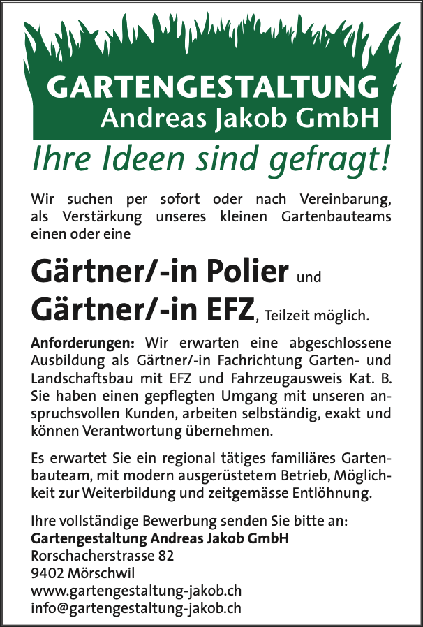 Inserat Jobs Gärtner/in Polier und Gärtner/in EFZ